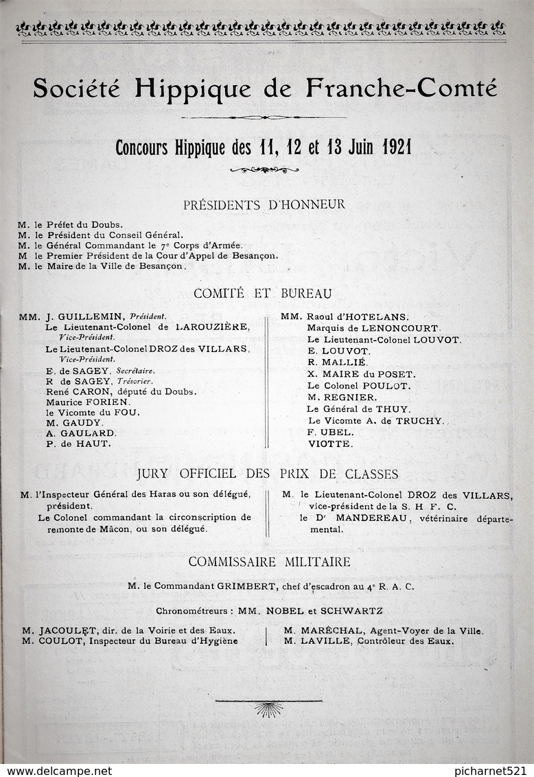 BESANCON - 3 Programmes De Concours Hippiques De 1913, 1921 Et 1922. Chamars Et Prés-de-Vaux. 12 Pages. TB état. - Ippica