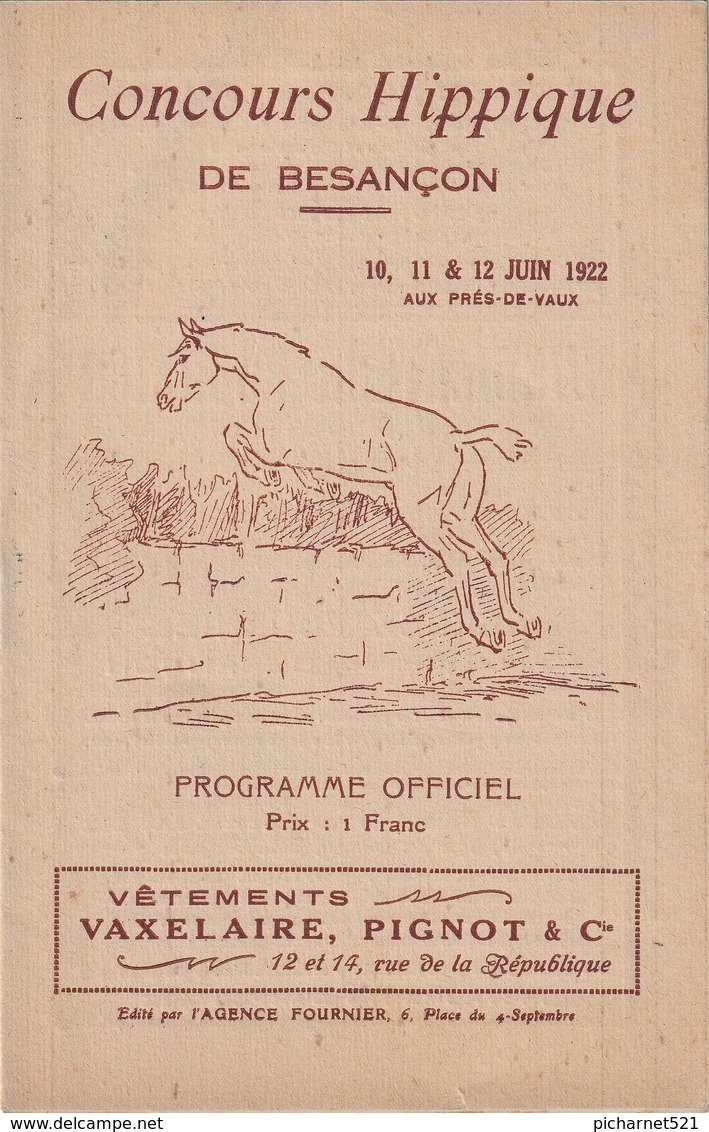 BESANCON - 3 Programmes De Concours Hippiques De 1913, 1921 Et 1922. Chamars Et Prés-de-Vaux. 12 Pages. TB état. - Ippica