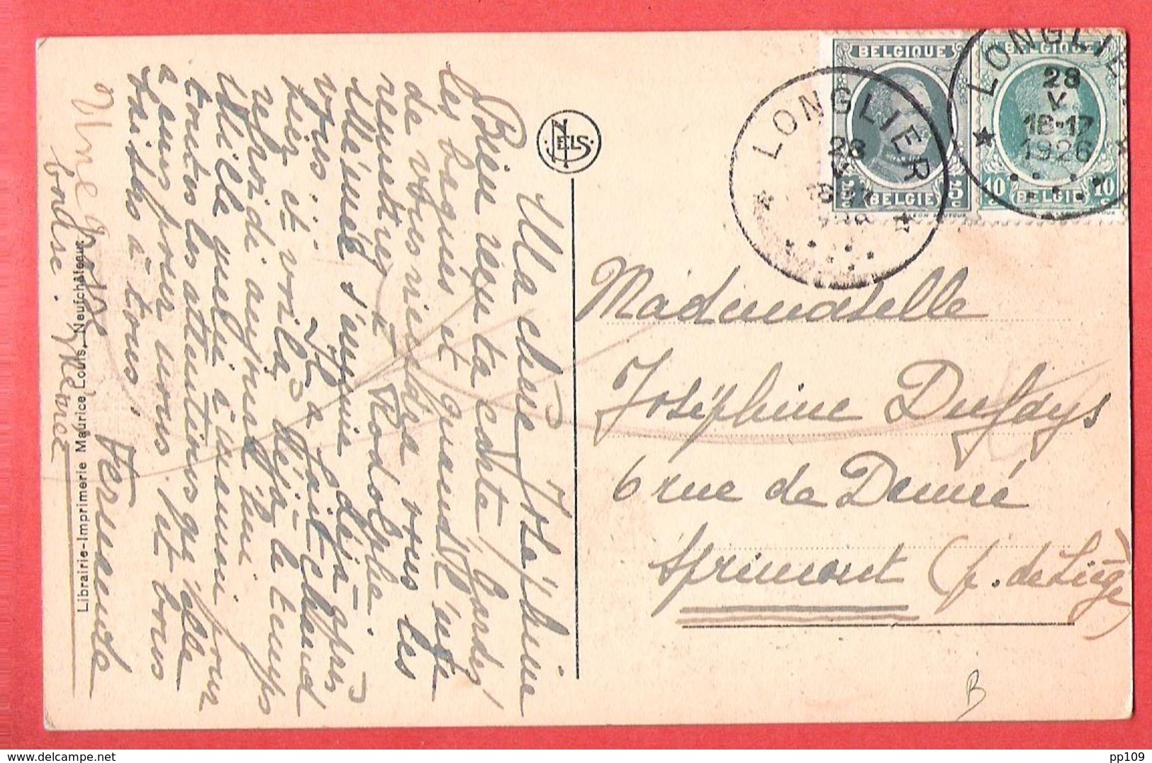 CP NEUFCHATEAU Rue D'Arlon Rue Papier Billeaux Pub Chocolat Cacao KWATTA Obl étoiles LONGLIER 28 V 1926 Vers SPRIMONT - Postmarks With Stars