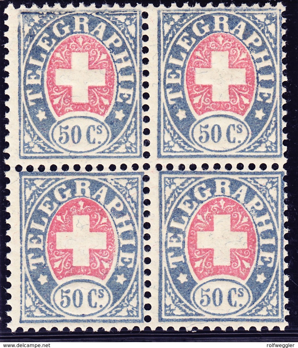 1881 50 Rappen Blau Und Rosa, Faserpapier Postfrischer 4er Block, Kleine Druckabart Oben Links - Télégraphe