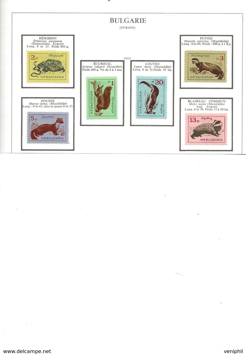 BULGARIE - SERIE ANIMAUX - N° 1176 A 1181 NEUF INFIME CHARNIERE -ANNEE 1963 - - Unused Stamps