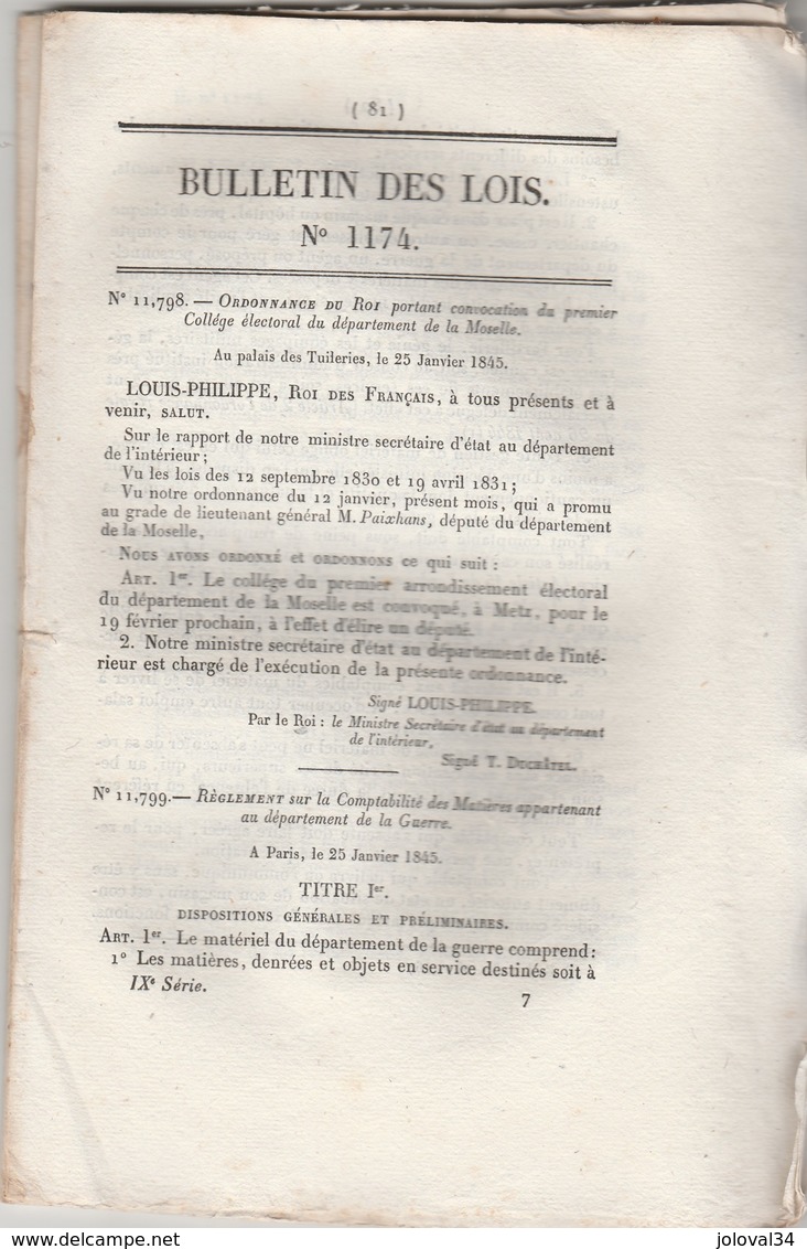 Bulletin Des Lois 1174 De 1845 -v Recettes Et Dépenses De L' Algérie ( 13 Pages ) - Décrets & Lois