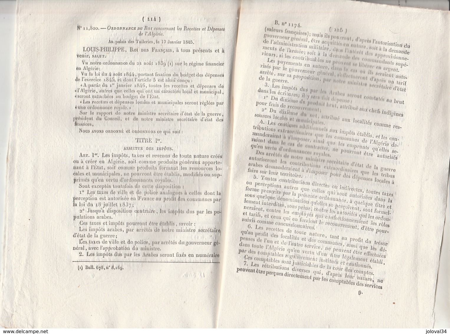 Bulletin Des Lois 1174 De 1845 -v Recettes Et Dépenses De L' Algérie ( 13 Pages ) - Décrets & Lois