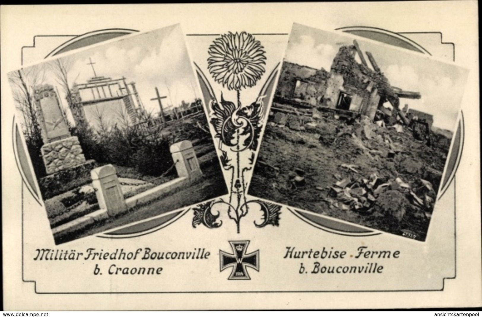 Cp Bouconville Vouziers Ardennes, Militärfriedhof, Hurtebise, Ferme, Kriegszerstörungen, I. WK - Autres & Non Classés