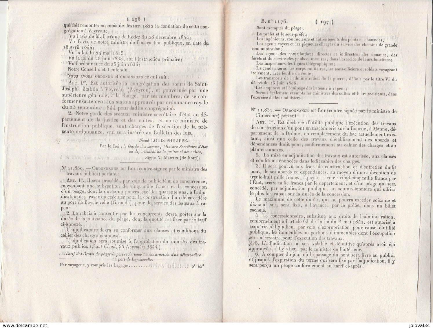 Bulletin Des Lois 1176 De 1845 Débarcadère Beychevelle Gironde Pont à Manne Drôme , à Luscan Haute Garonne Péage - Décrets & Lois