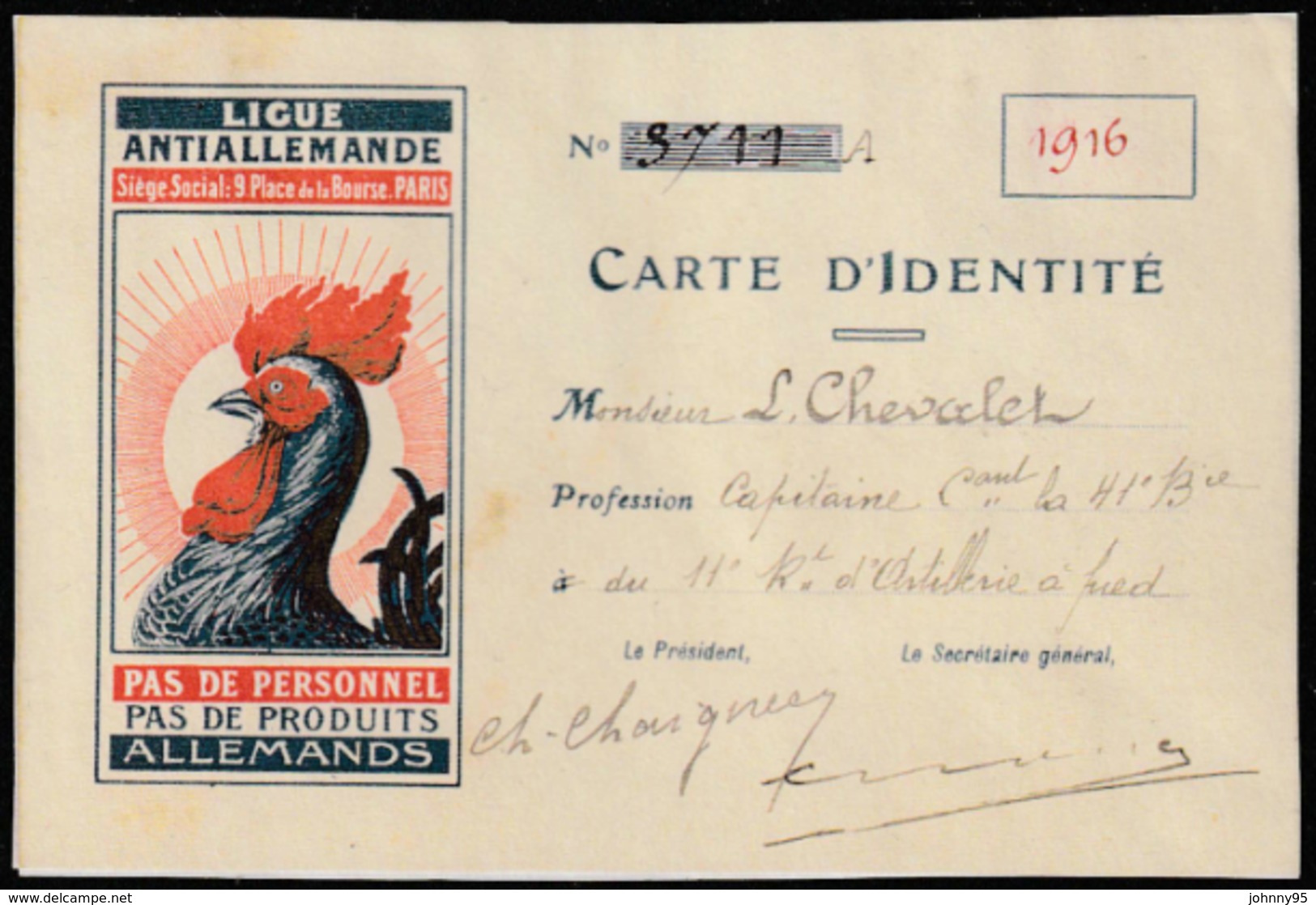 Année 1916 - Coq - Carte D'dentité Ligue Antiallemande - - Dokumente