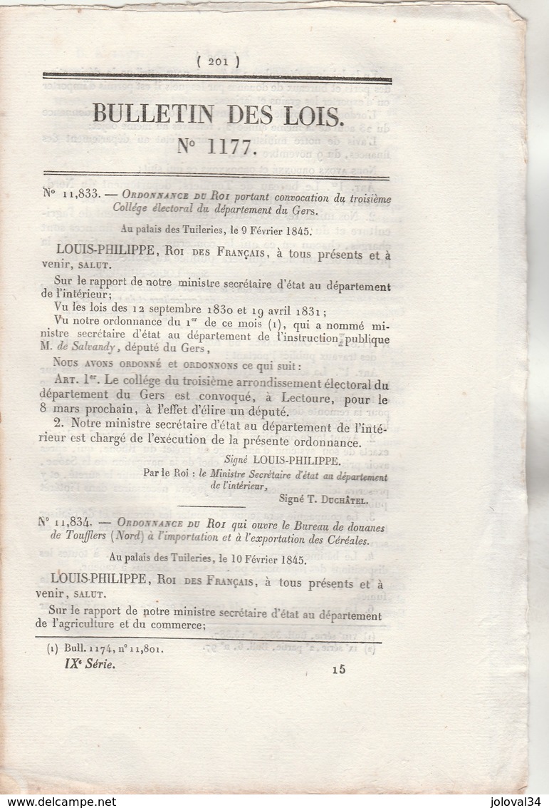 Bulletin Des Lois 1177 De 1845  Transport  Gondoles à Vapeur Chaine Sur Saône Entre Lyon Et Pont St Bernard - Decretos & Leyes