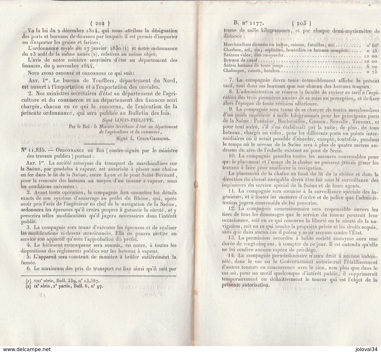 Bulletin Des Lois 1177 De 1845  Transport  Gondoles à Vapeur Chaine Sur Saône Entre Lyon Et Pont St Bernard - Decretos & Leyes