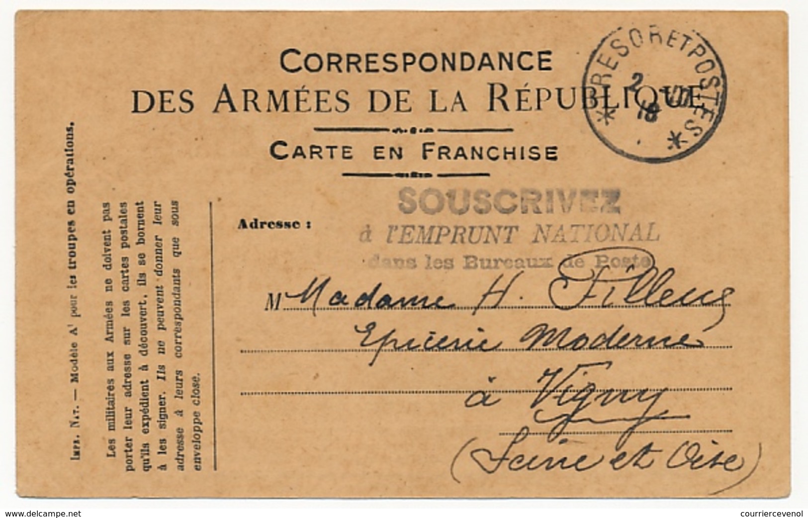 FRANCE - CP De Franchise Militaire Officielle - Cachet "Souscrivez à L'Emprunt National Dans Les Bureaux De Poste" 1916 - 1. Weltkrieg 1914-1918