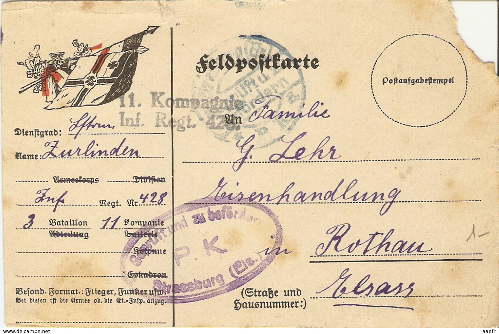 Allemagne 1917- Feldpostkarte - Entier En Franchise Militaire -  3ème Infanterie, Régiment 428 à Rothau Elsass - Geprüft - Brieven En Documenten