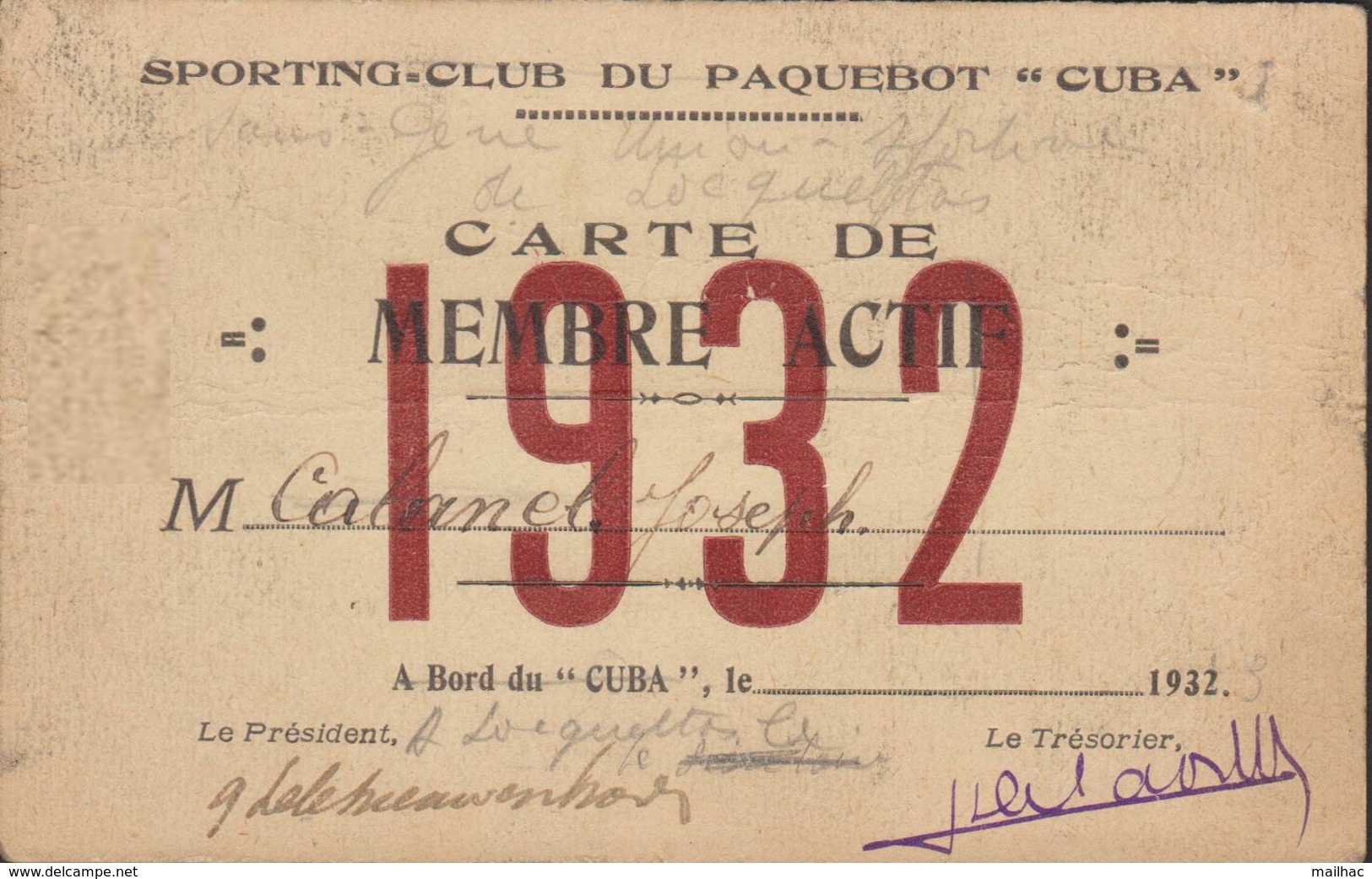 Carte De Membre Du SPORTING CLUB DU PAQUEBOT CUBA - 1932 - Fait à Locqueltas - 56390 - Format Carte De Visite - Autres & Non Classés