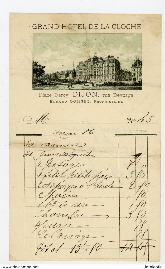 Petite FACTURE - GRAND HOTEL DE LA CLOCHE À DIJON 1886 - 1800 – 1899