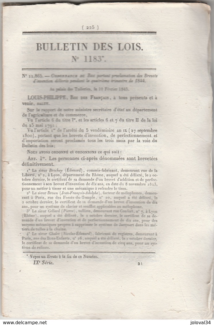 Bulletin Des Lois 1183 De 1845  356 Brevets D'invention Dont 72 Porte Plume à Réservoir 138 Alliage Pour Dents Postiches - Décrets & Lois