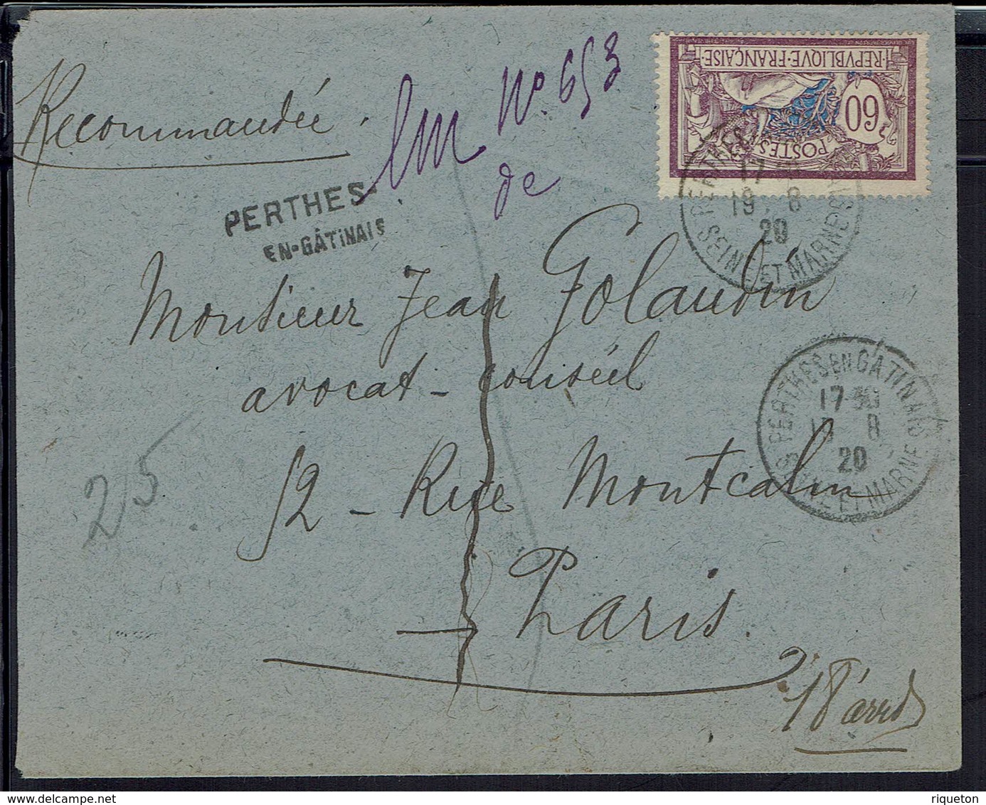 Fr - Merson 60 C Sur Enveloppe Recommandée Provisoire De Perthes En Gatinais, 19-8-1920 Pour Paris - Destinataire Absent - 1877-1920: Période Semi Moderne