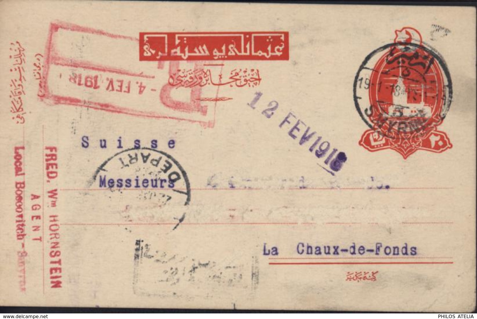 Entier Turquie Rouge CAD Smyrne 19 1 18 Recommandé Pour Chaux De Fonds Suisse Cachet Fred W Hornstein Agent - 1837-1914 Smyrne