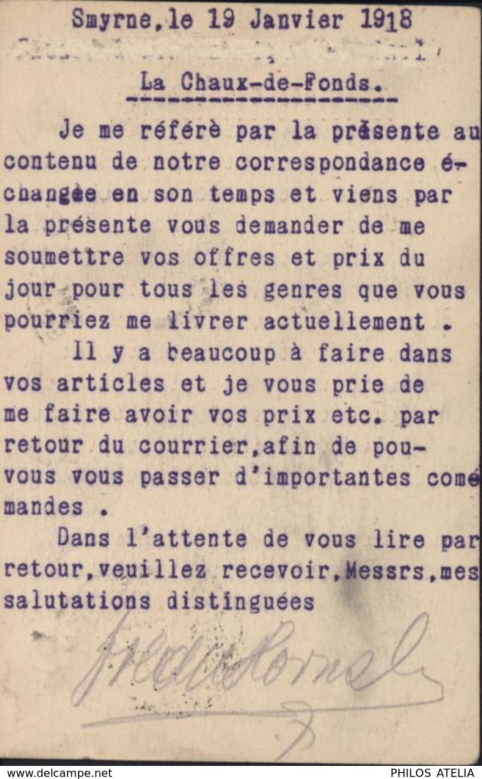 Entier Turquie Rouge CAD Smyrne 19 1 18 Recommandé Pour Chaux De Fonds Suisse Cachet Fred W Hornstein Agent - 1837-1914 Esmirna