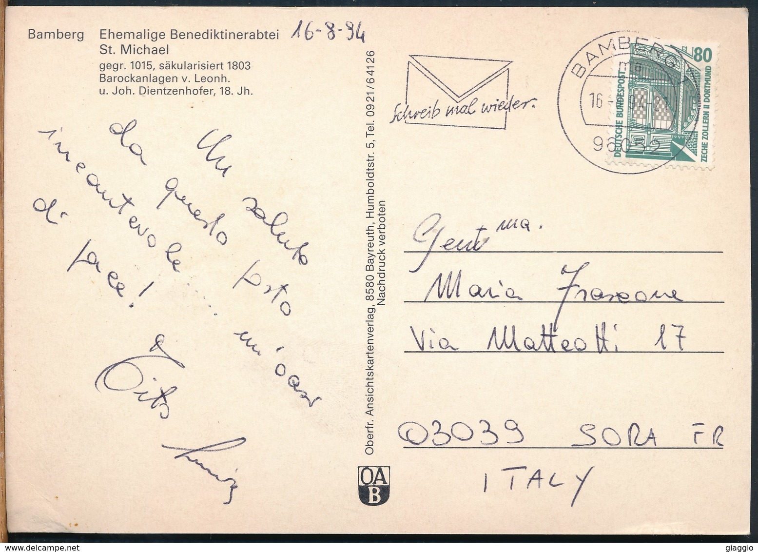 °°° 17610 - GERMANY - BAMBERG - EHEMALIGE BENEDIKTINERABTEI ST. MICHAEL - 1994 With Stamps °°° - Bamberg