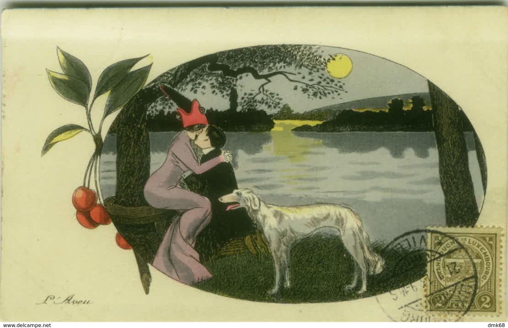 XAVIER SAGER  SIGNED 1900s POSTCARD - COUPLE & MOON & DOG -  L'AVEU - EDIT K.F. PARIS N.4487 (BG770) - Sager, Xavier