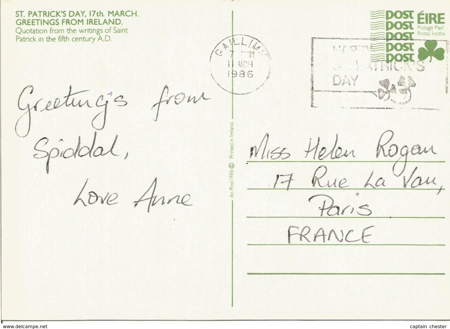 Entier Postal (CARTE POSTALE) IRLANDE " Saint Patrick 1986 " Oblitéré - Interi Postali