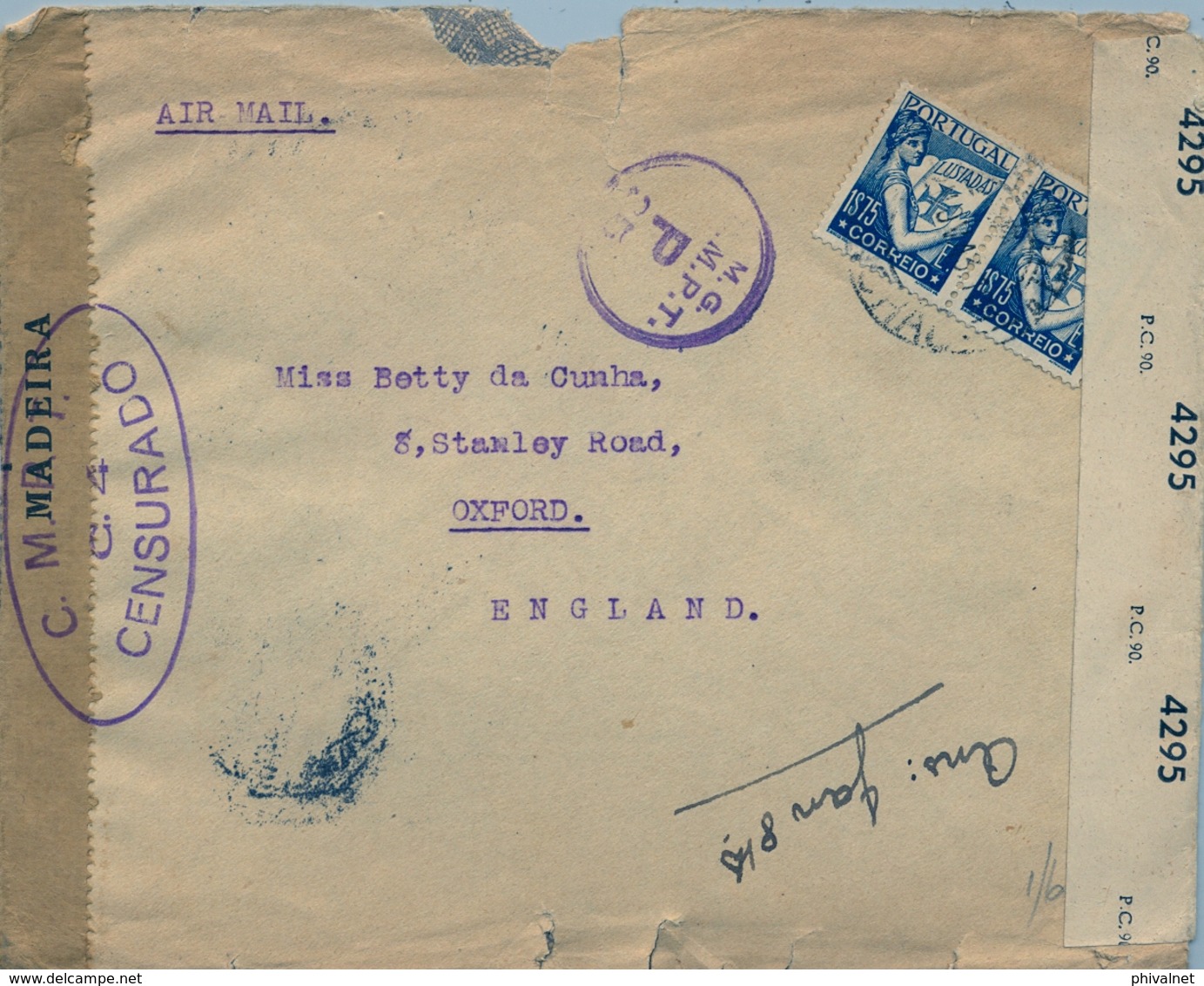 1943 PORTUGAL , FUNCHAL - OXFORD , CORREO AÉREO , CENSURA DE MADEIRA Y BRITÁNICA , TRÁNSITO DE LISBOA - Funchal