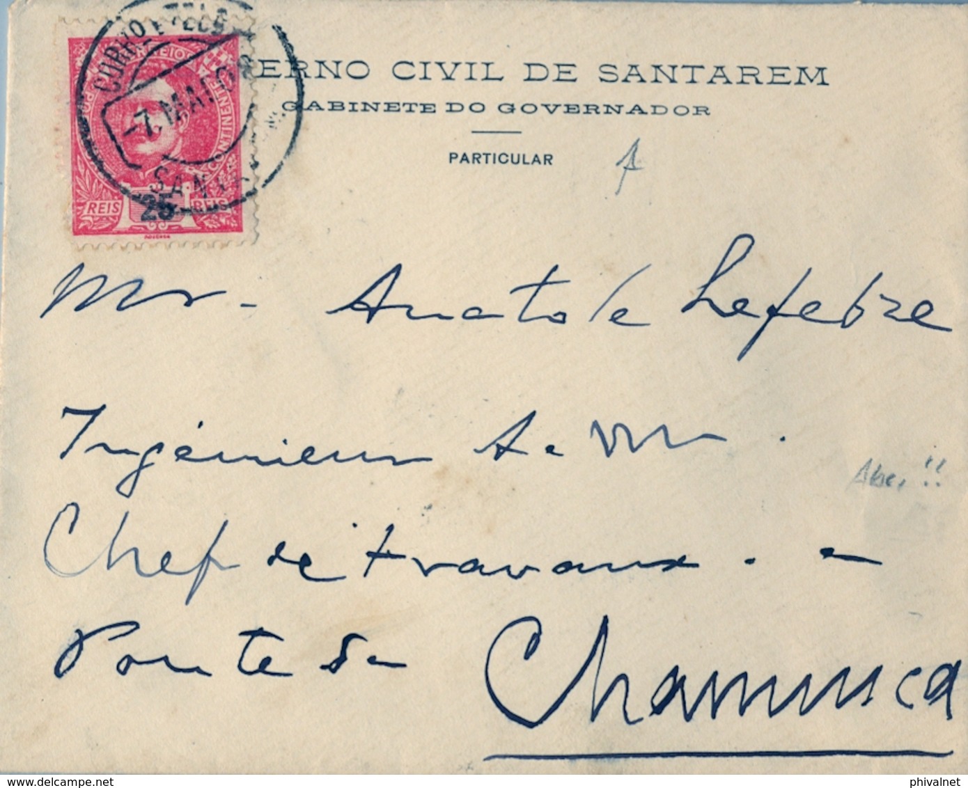 1908 PORTUGAL , SANTAREM - CHAMUSCA , SOBRE CIRCULADO , LLEGADA , GOBIERNO CIVIL DE SANTAREM - GABINETE DEL GOBERNADOR - Covers & Documents