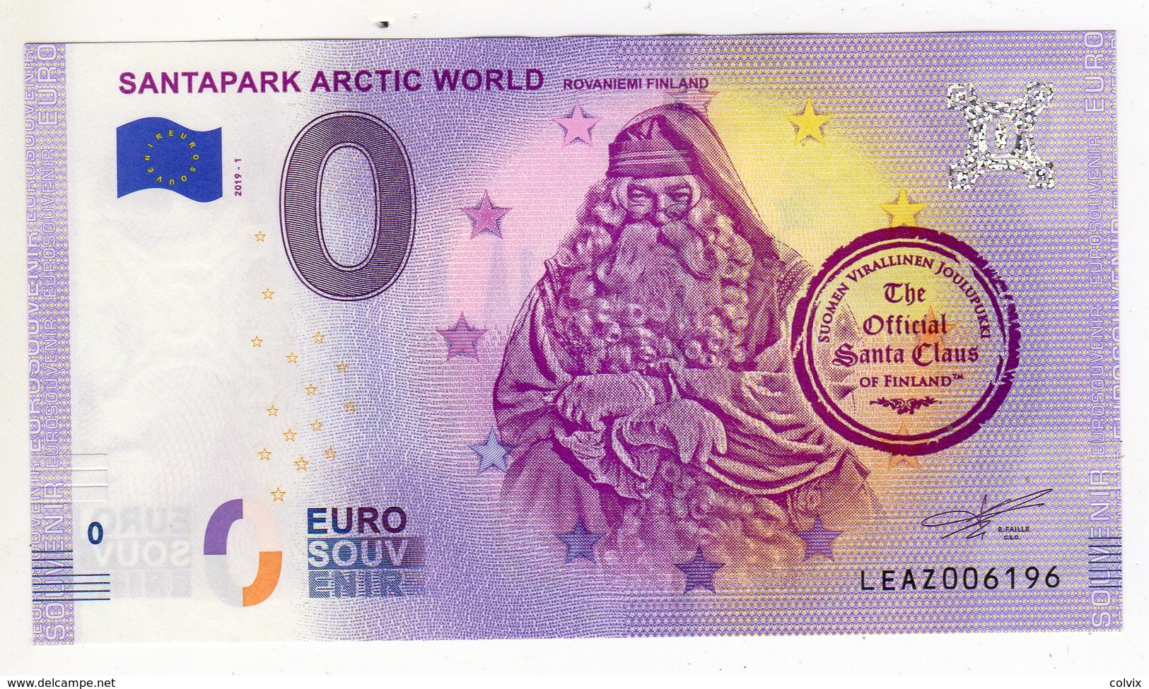 2019-1 BILLET TOURISTIQUE FINLANDE 0 EURO SOUVENIR N° LEAZ006196 SANTAPARK ARCTIC WORLD PERE NOEL - Private Proofs / Unofficial