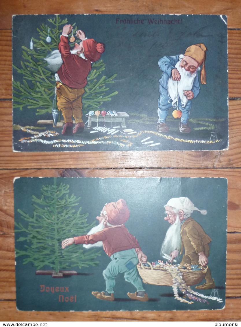 CPA / Lot De 2 Cartes Postales Anciennes / Nains De Noël Illustrateur TM - Paintings