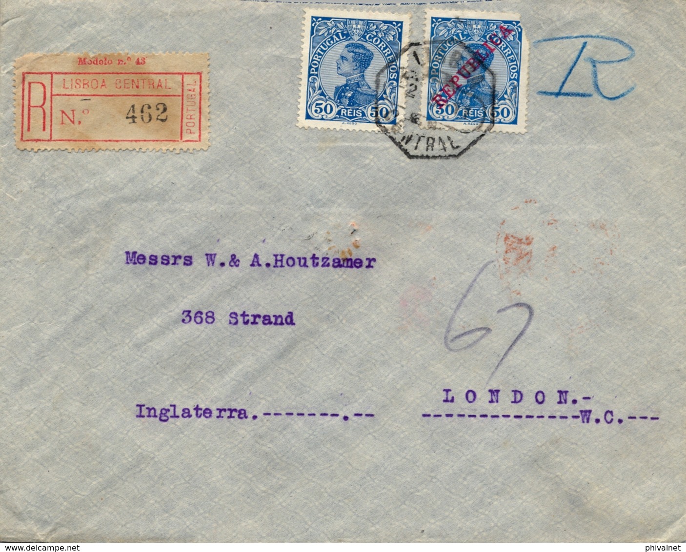 1911 PORTUGAL , LISBOA - LONDRES , SOBRE CERTIFICADO, LLEGADA AL DORSO , D. MANUEL II - 162 , 176 - Briefe U. Dokumente