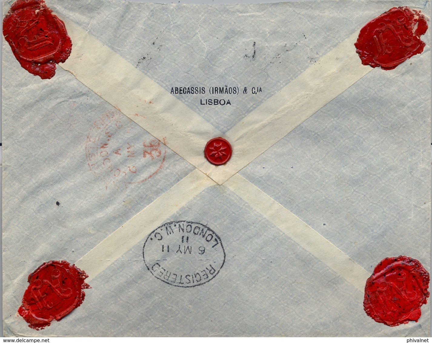 1911 PORTUGAL , LISBOA - LONDRES , SOBRE CERTIFICADO, LLEGADA AL DORSO , D. MANUEL II - 162 , 176 - Brieven En Documenten