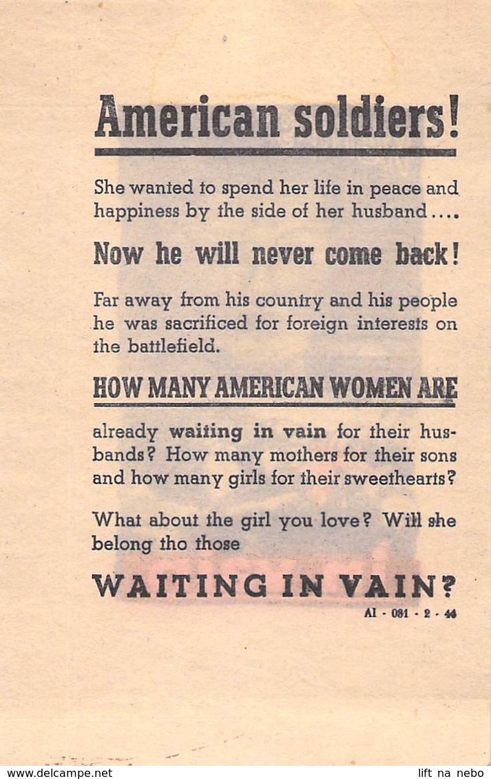 WWII WW2 Propaganda Leaflet Flugblatt Tract  CODE AI-031-2-44, Waiting - In Vain  FREE SHIPPING WORLDWIDE - Non Classés