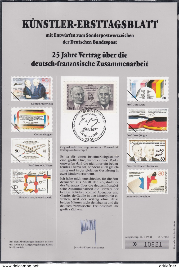 BRD  1351, Künstlerersttagsblatt Mit Markenentwürfen, Adenauer Und De Gaulle 1988 - Other & Unclassified