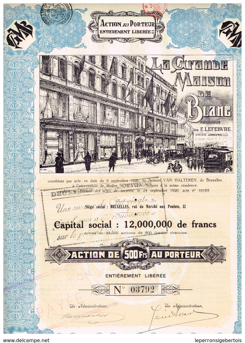 Titre Ancien - La Grande Maison De Blanc - Successeur De E. Lefebvre - Société Anonyme - Titre De 1920 - Déco - Tessili