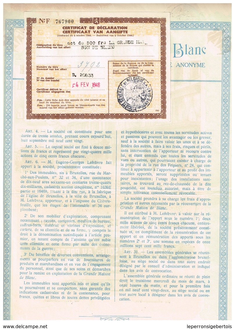 Titre Ancien - La Grande Maison De Blanc - Successeur De E. Lefebvre - Société Anonyme - Titre De 1920 - Déco - Tessili