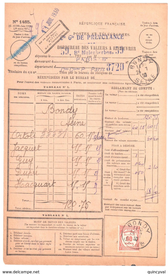 BONDY Seine Bordereau Valeur Recouvrée 1485 Taxe à Percevoir Yv 58 60c Rouge Formule Entière Ob 24 7 1930 - 1859-1959 Briefe & Dokumente