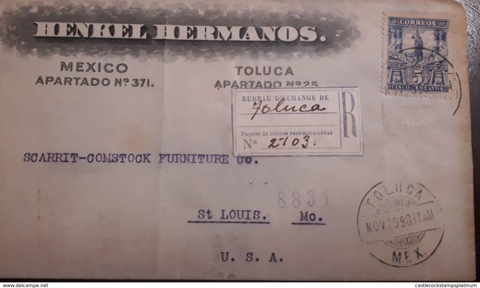 O) 1898 MEXICO, CUAUHTEMOC SC 247 5c, HENKEL HERMANOS - TOLUCA TO USA - Mexique