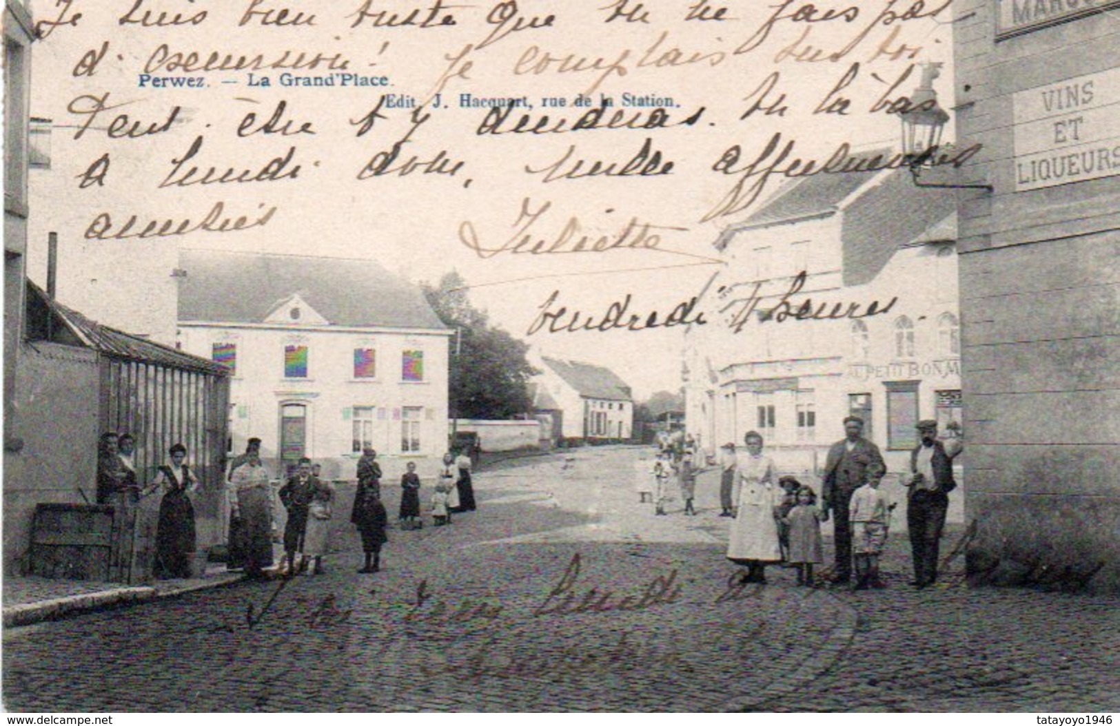 Perwez La Grand'place Bien Animée Magasin Au Npetit Bon Marché Vins Et Liqueurs Circulé En 1908 - Perwez