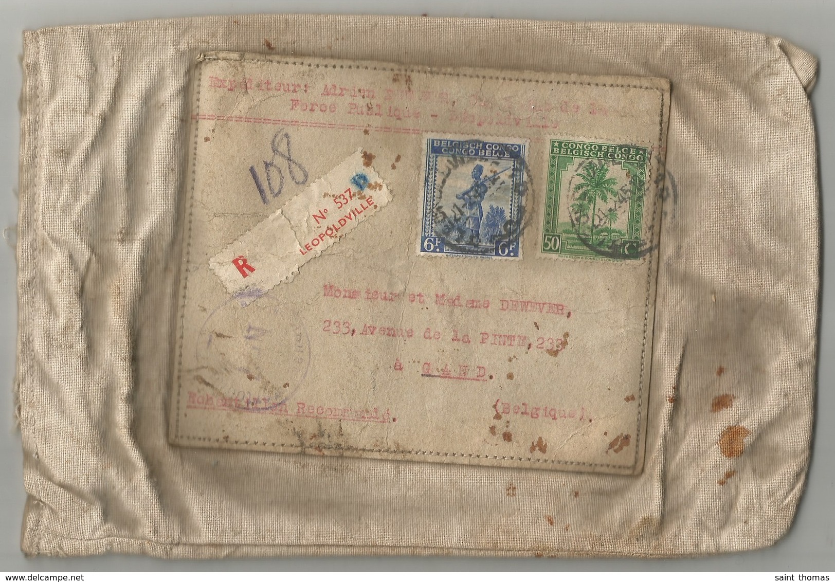 Belgique Congo Belge Lettre Censure Enveloppe En Tissu Echantillon Recommandé 1945 - Lettres & Documents