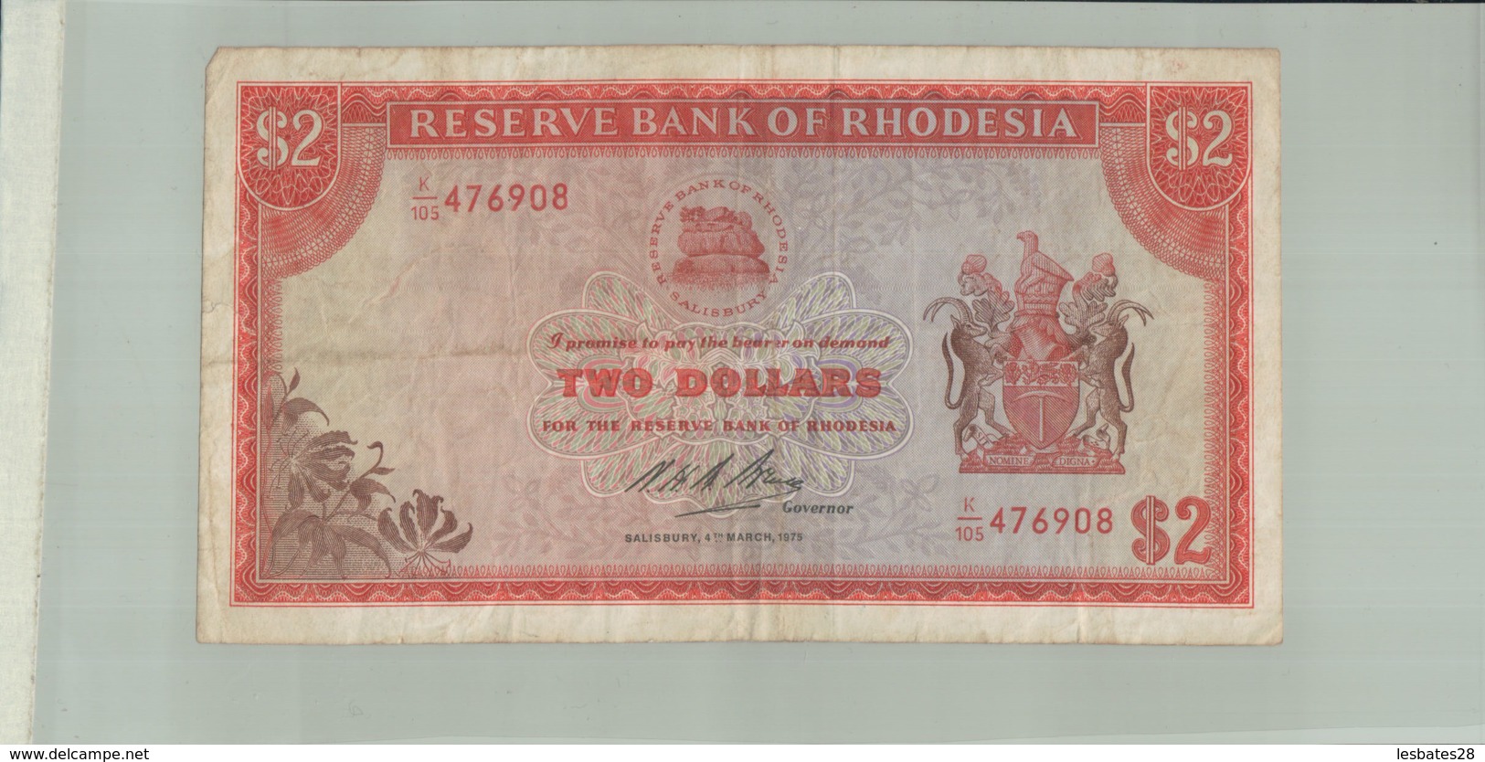 Billet De Banque Rhodesia, Reserve Bank Of Rhodesia 2 Dollars 1975 Janv 2020  Clas Gera - Rhodesia