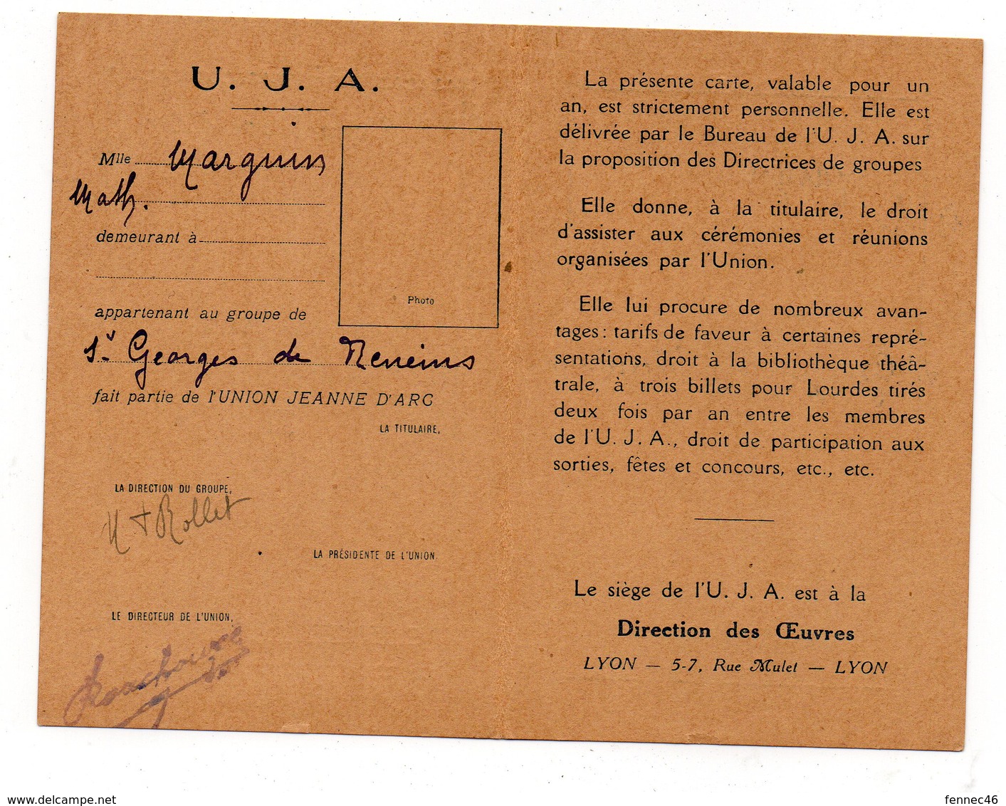 Carte De Membre De L'UNION JEANNE D'ARC LYON -  1933 (O125) - Bookplates