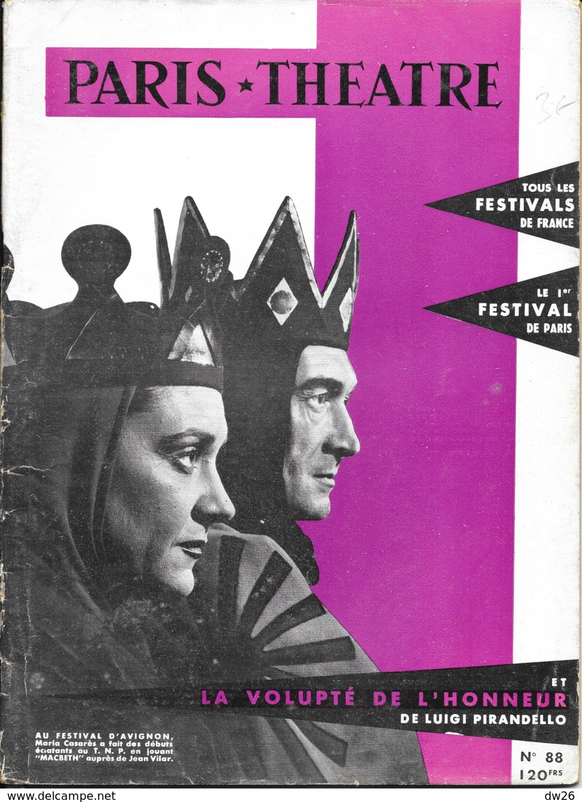 Revue Paris-Théâtre, Tous Les Festivals De France, 1er Festival De Paris, La Volupté De L'Honneur, Pirandello 1954 N° 88 - Sonstige & Ohne Zuordnung