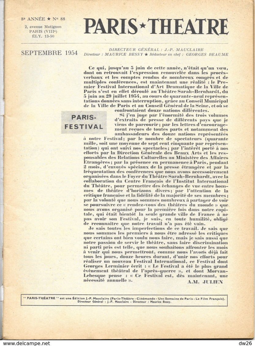 Revue Paris-Théâtre, Tous Les Festivals De France, 1er Festival De Paris, La Volupté De L'Honneur, Pirandello 1954 N° 88 - Autres & Non Classés