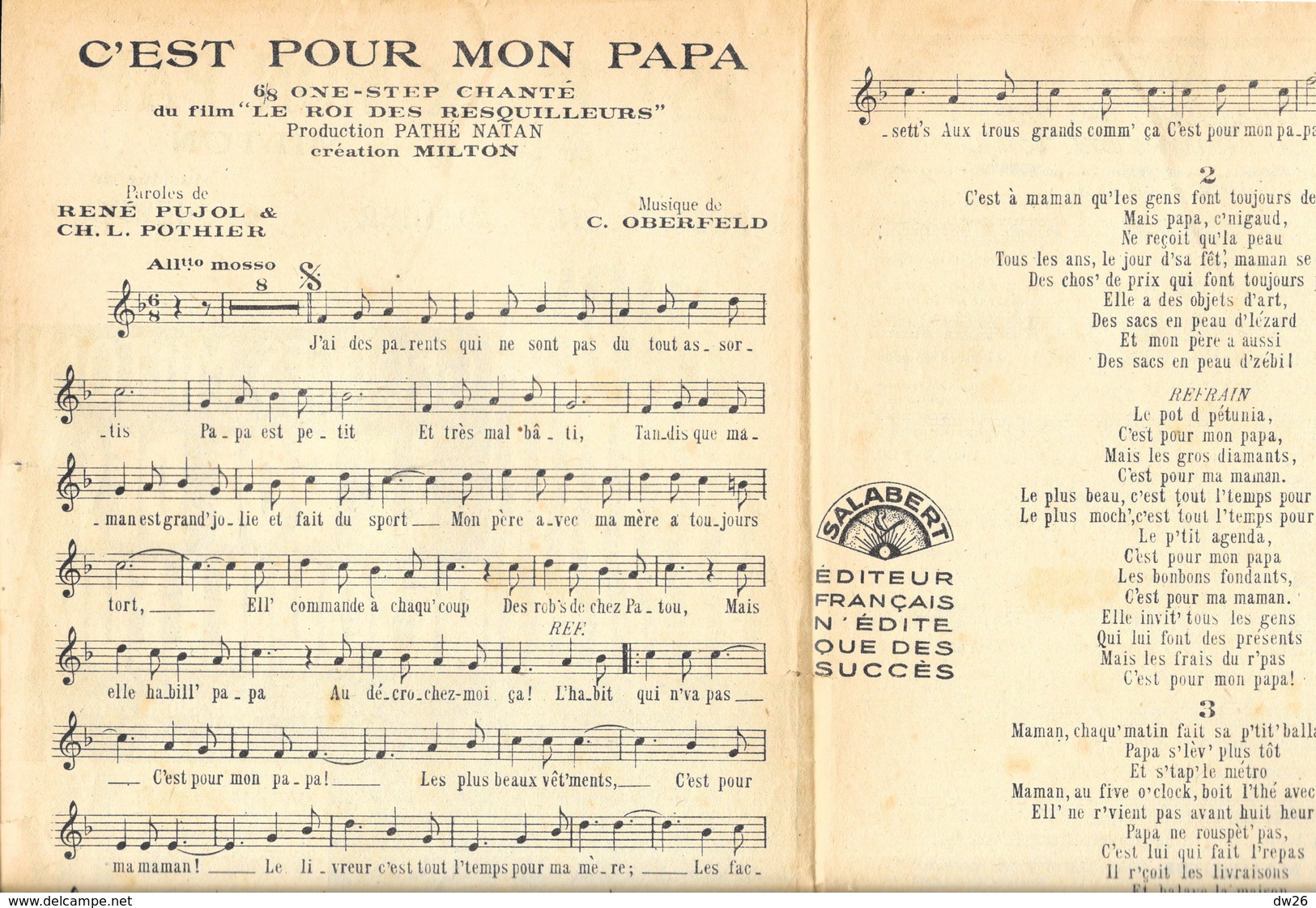 Partition C'est Pour Mon Papa Par Georges Milton Dans Le Roi Des Resquilleurs De Pierre Collombier 1930 - Scores & Partitions
