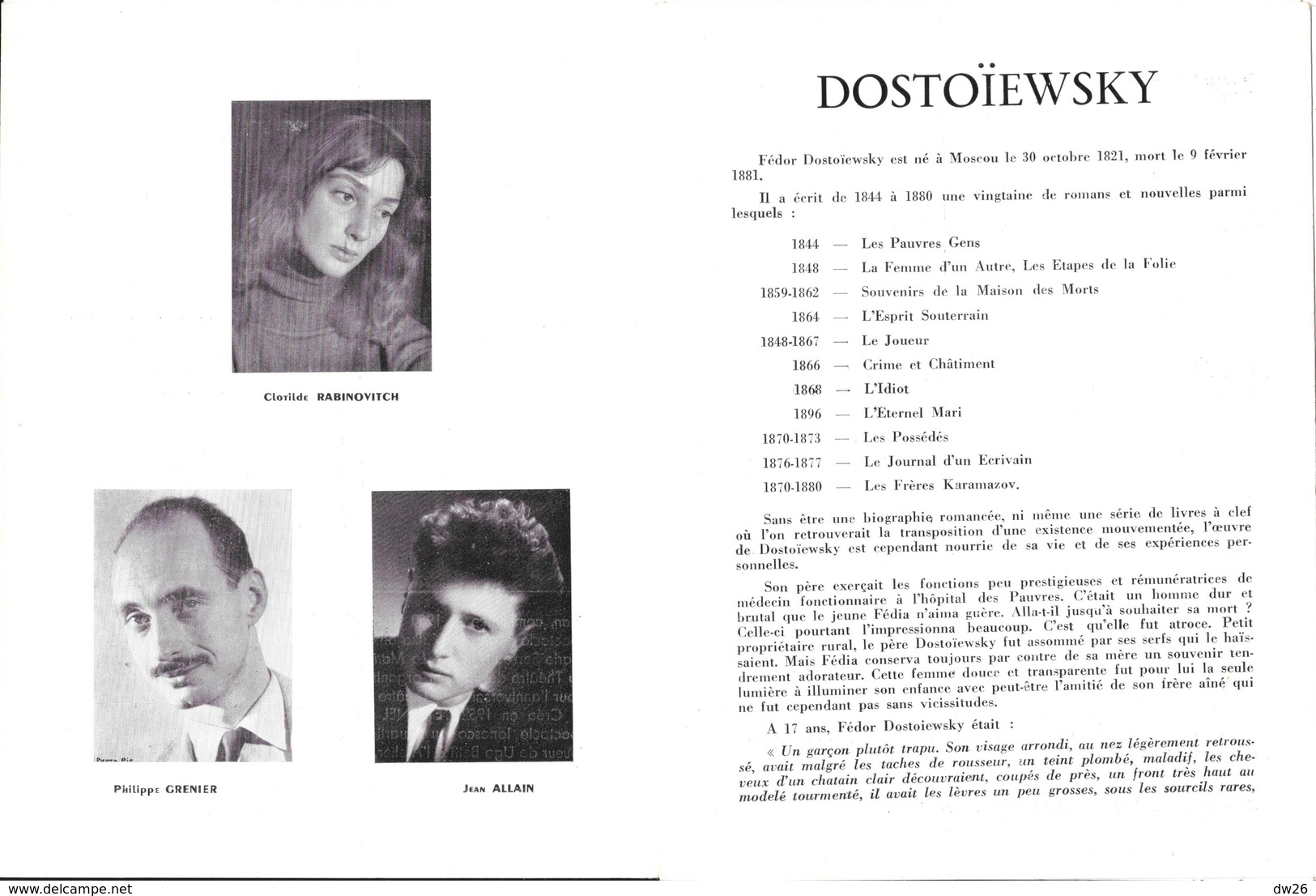 Le Théâtre D'Aujourd'hui Vous Propose Dostoïewsky: L'Eternel Mari (adaptation Jacques Mauclair) 1954 - Programas