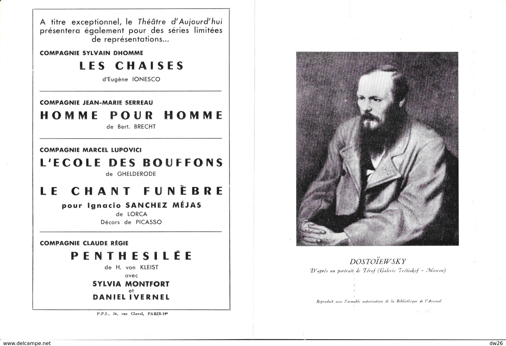 Le Théâtre D'Aujourd'hui Vous Propose Dostoïewsky: L'Eternel Mari (adaptation Jacques Mauclair) 1954 - Programas