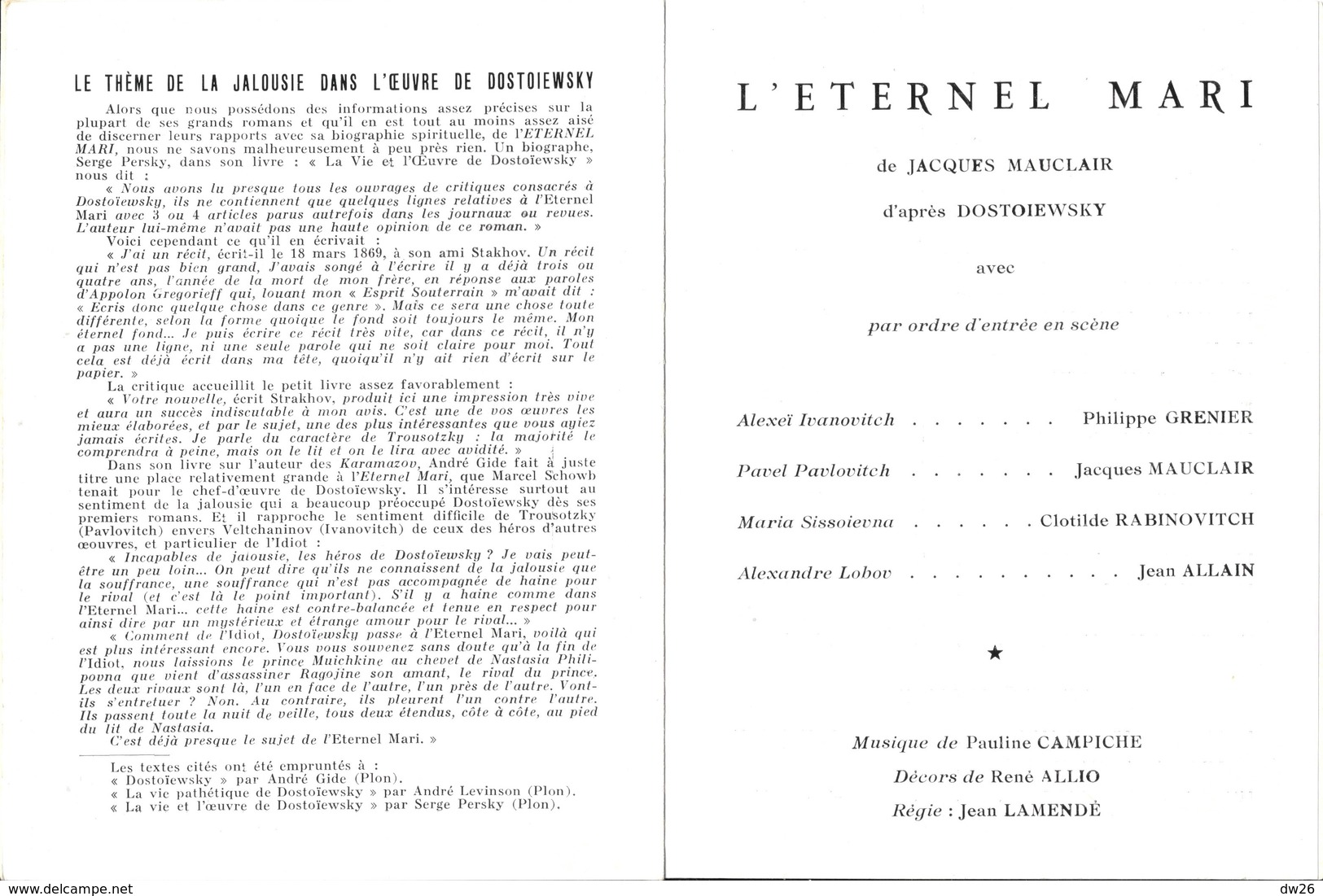 Le Théâtre D'Aujourd'hui Vous Propose Dostoïewsky: L'Eternel Mari (adaptation Jacques Mauclair) 1954 - Programme