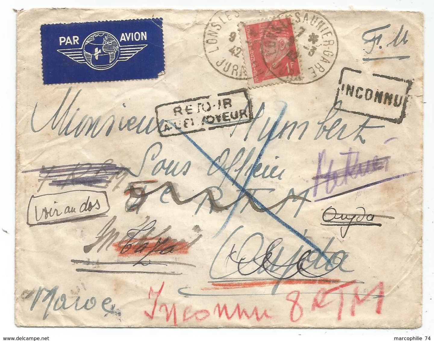 PETAIN 1FR SEUL LETTRE FM AVION LONS SAUNIER GARE 9.3.1942 JURA POUR MAROC + REEXPEDITION - Guerra Del 1939-45