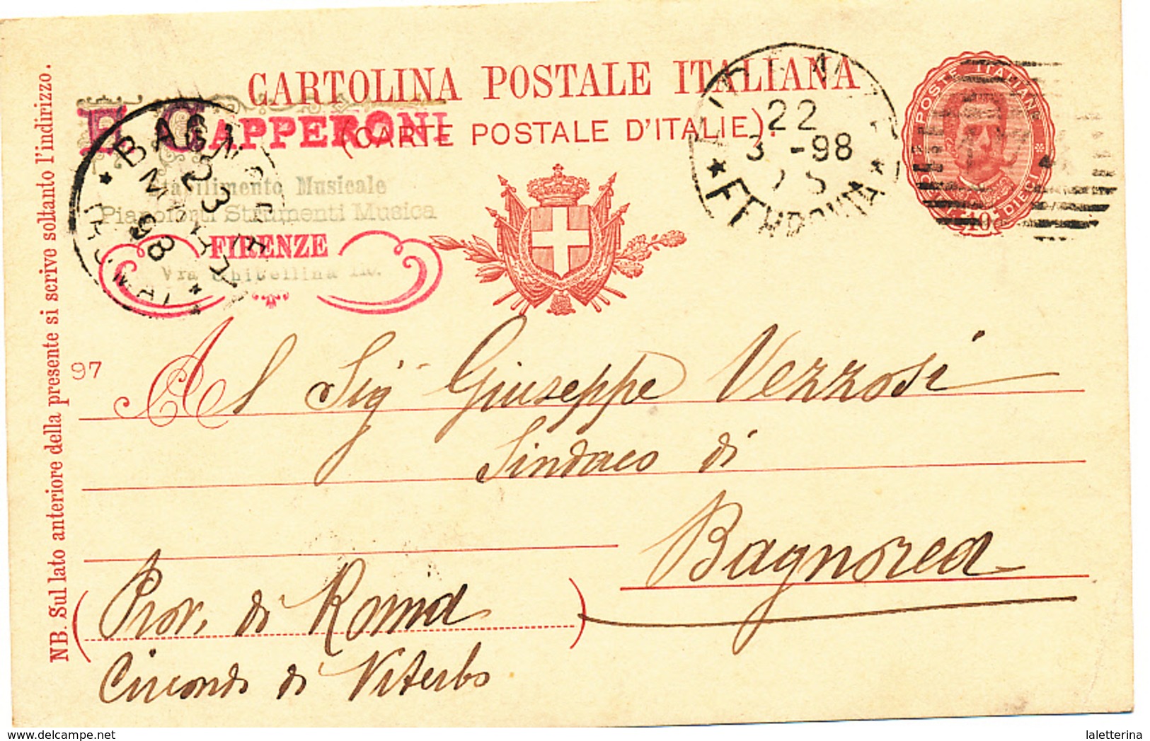 1898 FIRENZE CANNOCCHIALE A SBARRE USO TARDIVO + CAPPERONI STABILIMENTO MUSICALE - Storia Postale