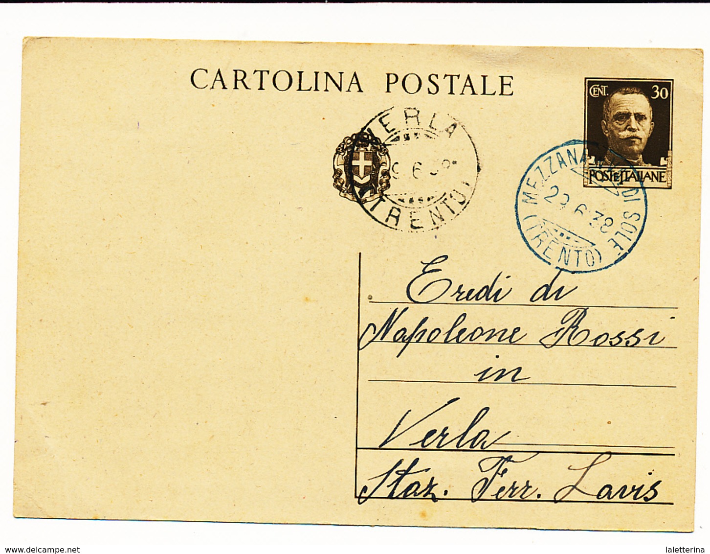 1938 MEZZANA VAL DI SOLE  TRENTO DC AZZURRO - Storia Postale