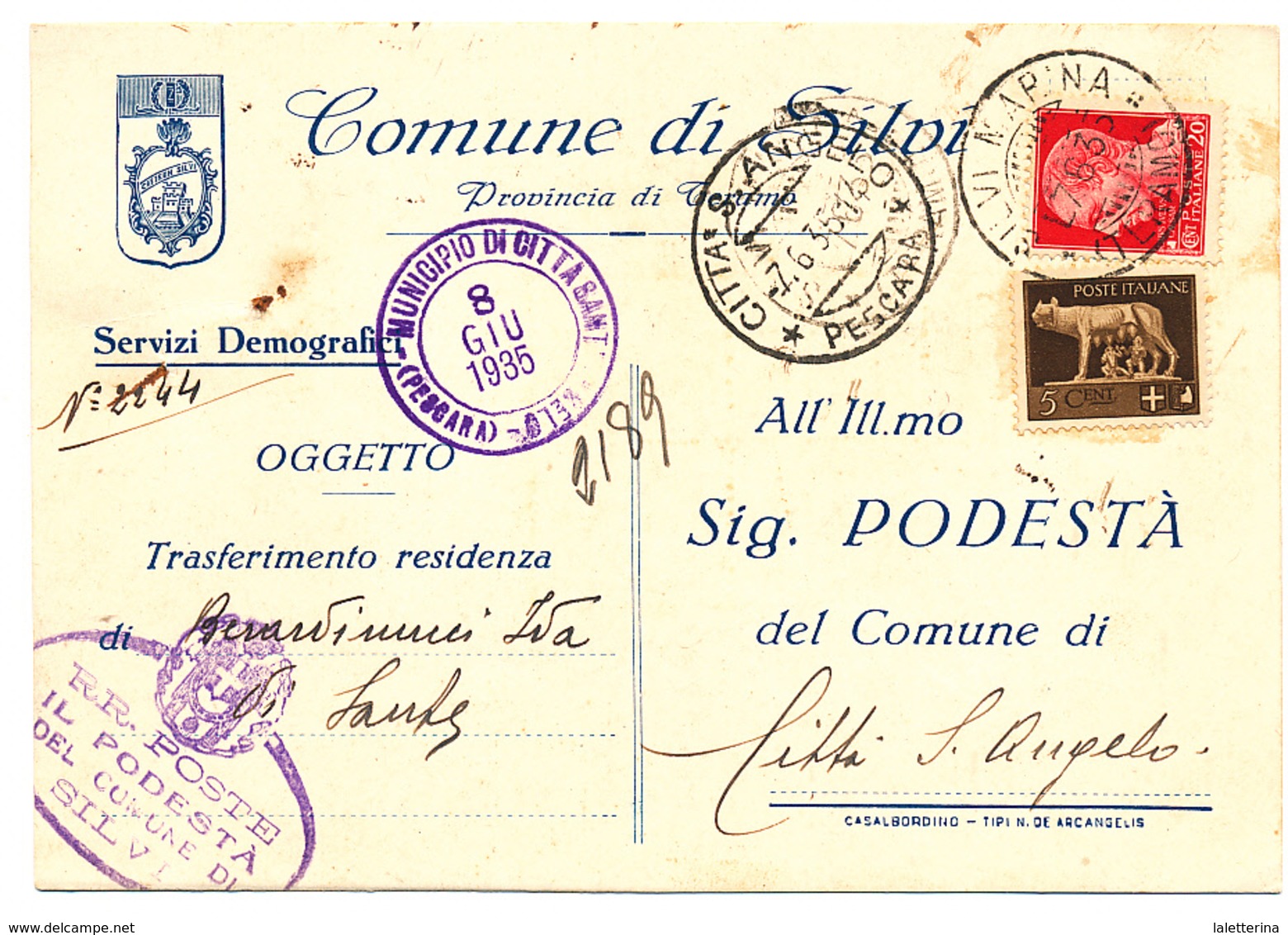 1935 SILVI TERAMO  CARTOLINA CON CARTIGLIO ARALDICO - Storia Postale