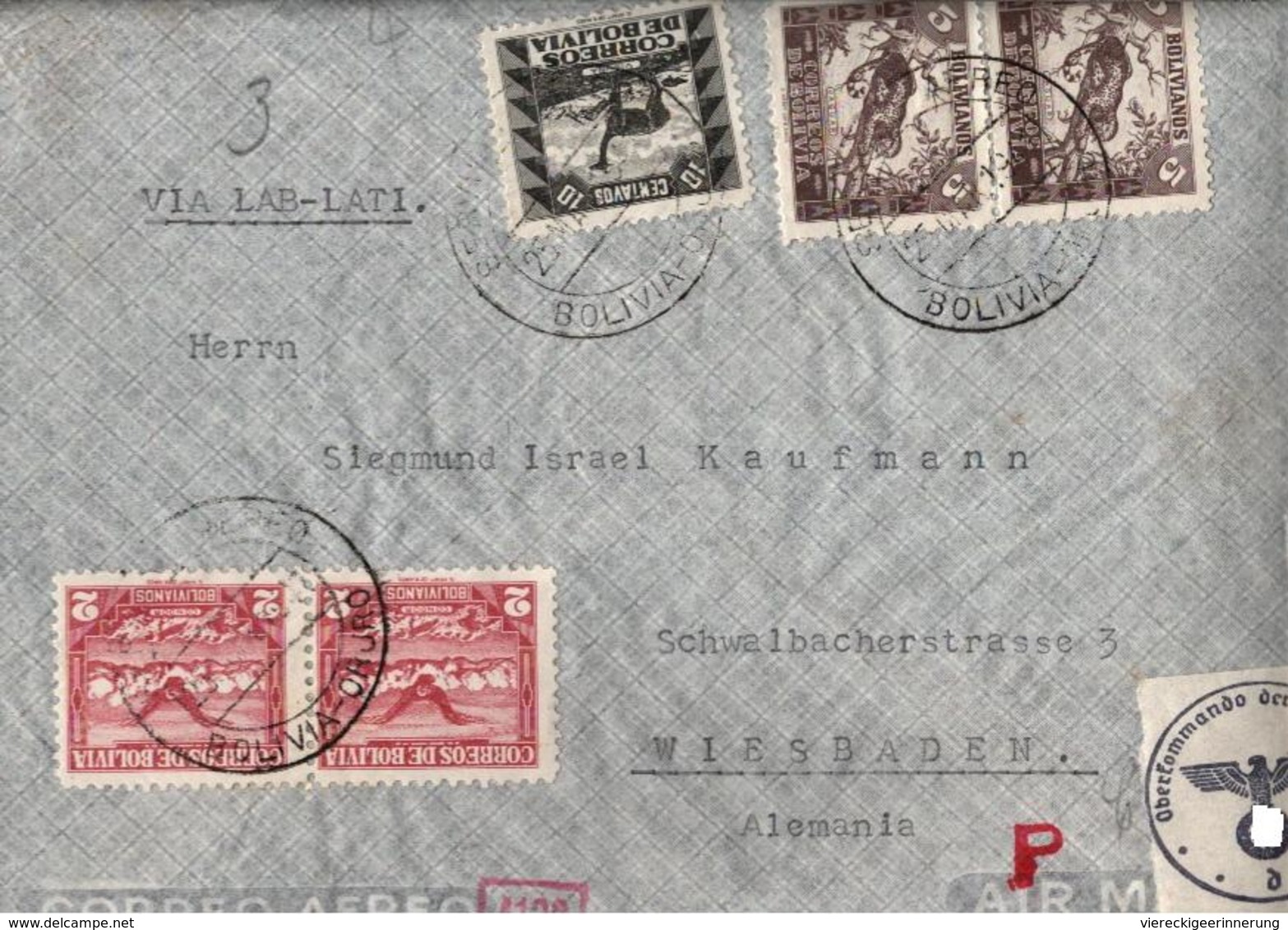 !  Luftpostbrief Bolivien, Par Avion, Airmail Cover, Wiesbaden, Judaica, Adresse, OKW Zensur, Censure, Censor, Censura - Bolivia